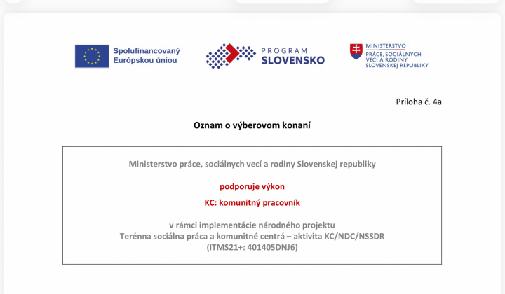 Fotka - Oznam o výberovom konaní na pozíciu Komunitný pracovník v KC Bátovce